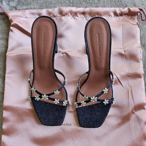 Amina Muaddi Lily Denim Slipper/Heel 70 mm, Flower crystals, Size 37.5